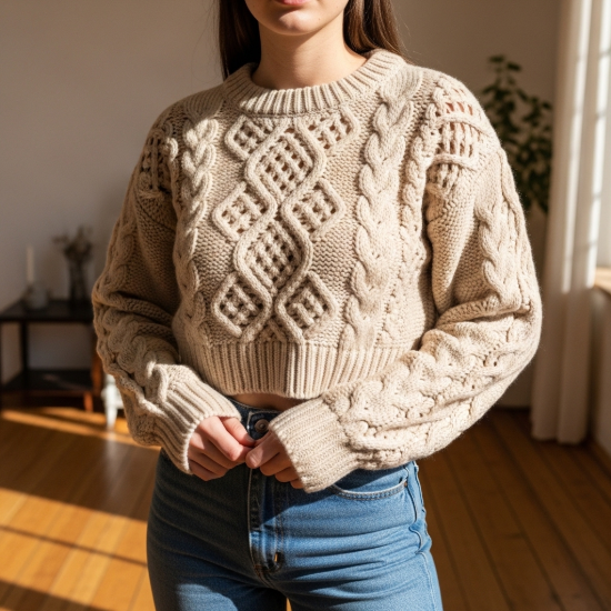 Pera Ajurlu Saç Örgü Detaylı Crop Triko Kazak