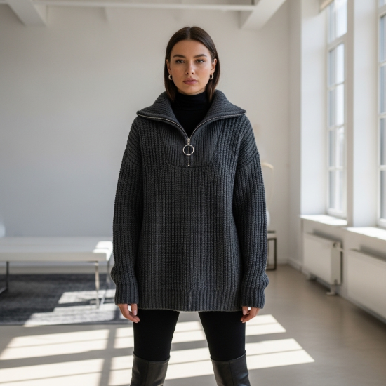 Riva Yarım Fermuarlı Selanik Örgü Oversize Kazak